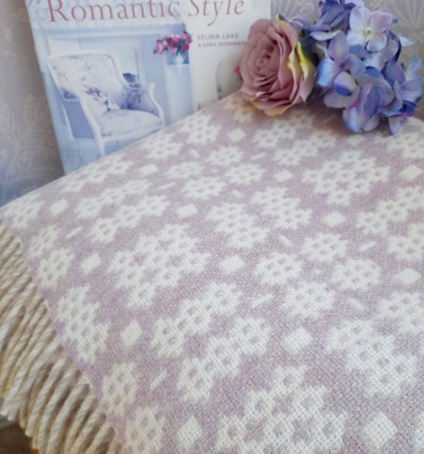 New Welsh Blanket in Soft Pale Lavender & Cream Wool by Rock Mill