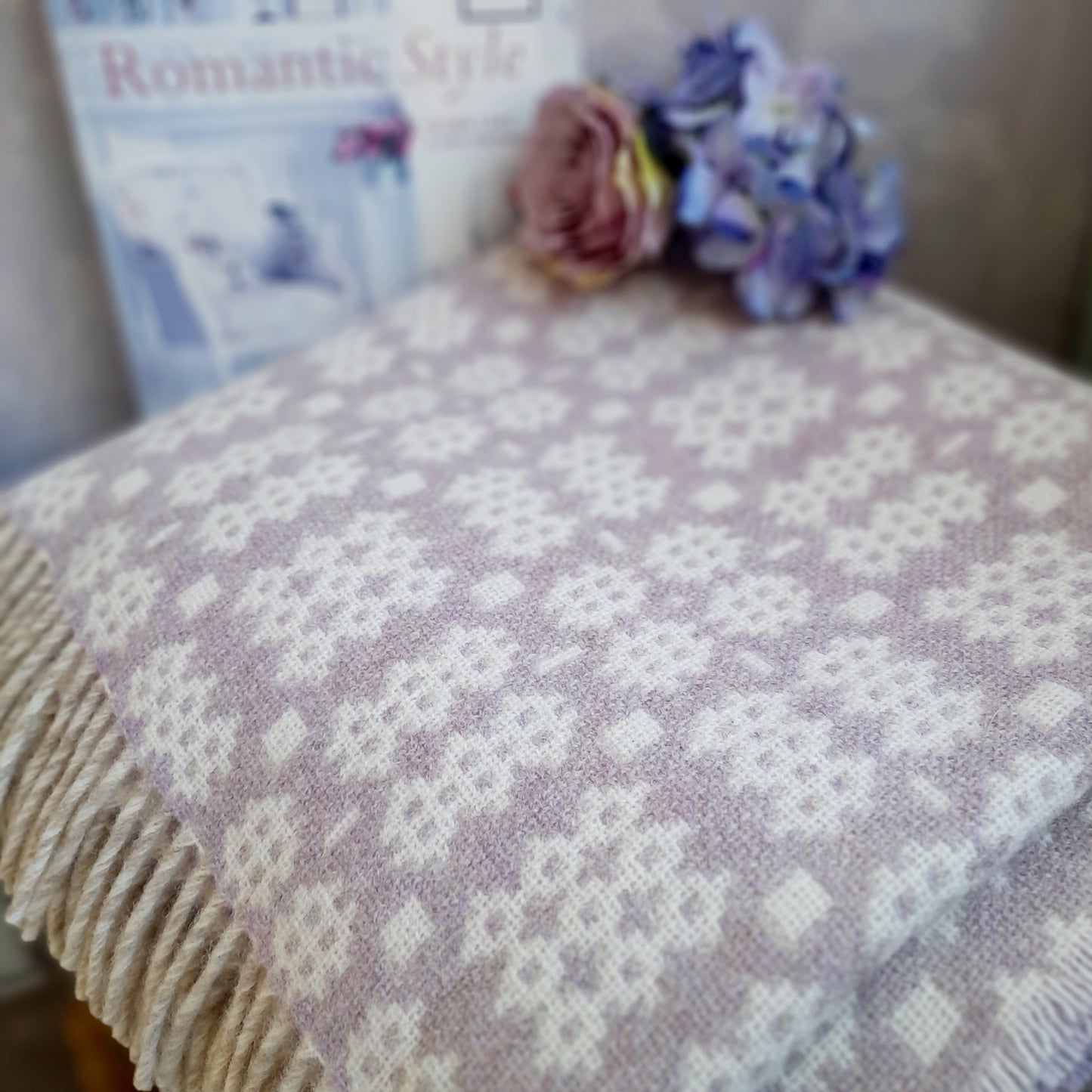 New Welsh Blanket in Soft Pale Lavender & Cream Wool by Rock Mill