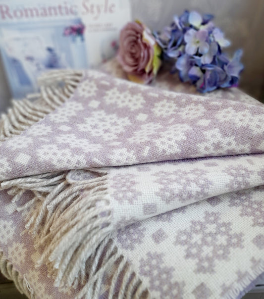 New Welsh Blanket in Soft Pale Lavender & Cream Wool by Rock Mill