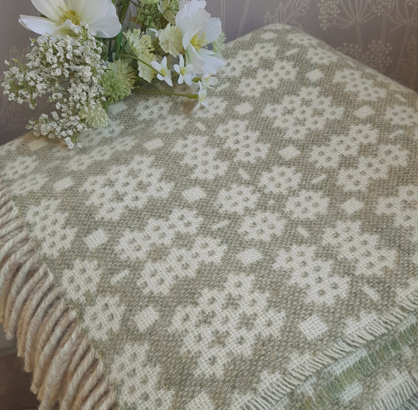 New Welsh Blanket in Soft Pale Sage Green & Cream Wool by Rock Mill