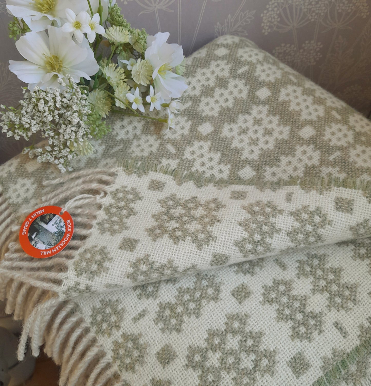 New Welsh Blanket in Soft Pale Sage Green & Cream Wool by Rock Mill