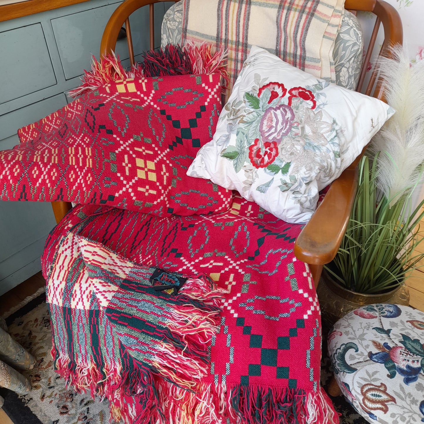 PAIR of Vintage Welsh Tapestry Blankets in Raspberry Red Green & Yellow by Derw Mill