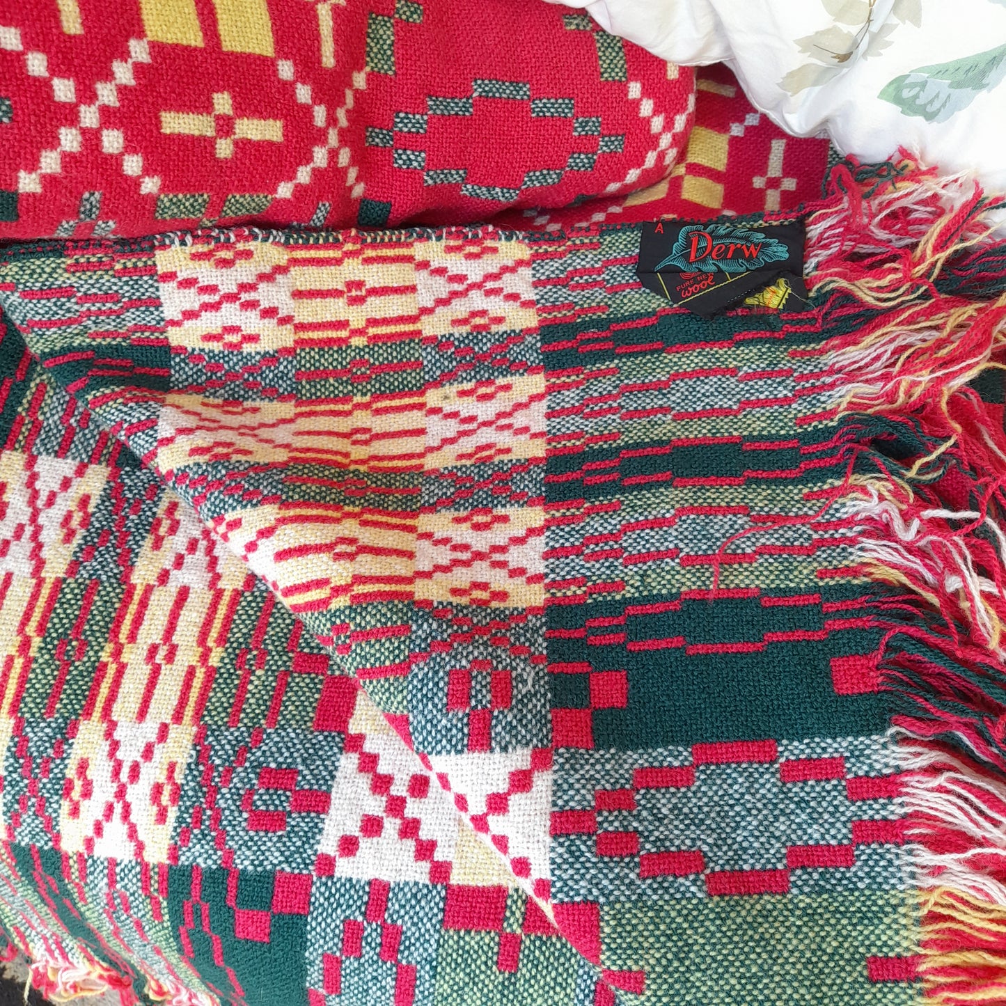 PAIR of Vintage Welsh Tapestry Blankets in Raspberry Red Green & Yellow by Derw Mill