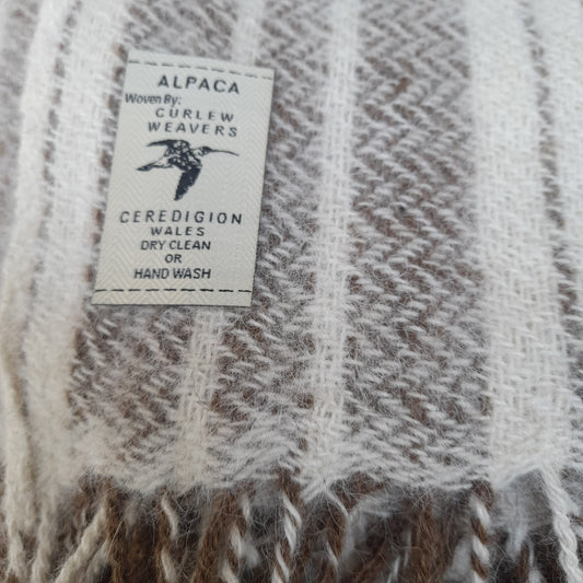 Welsh Narrow Loom Blanket in Natural Cream Alpaca Wool Brown Stripe