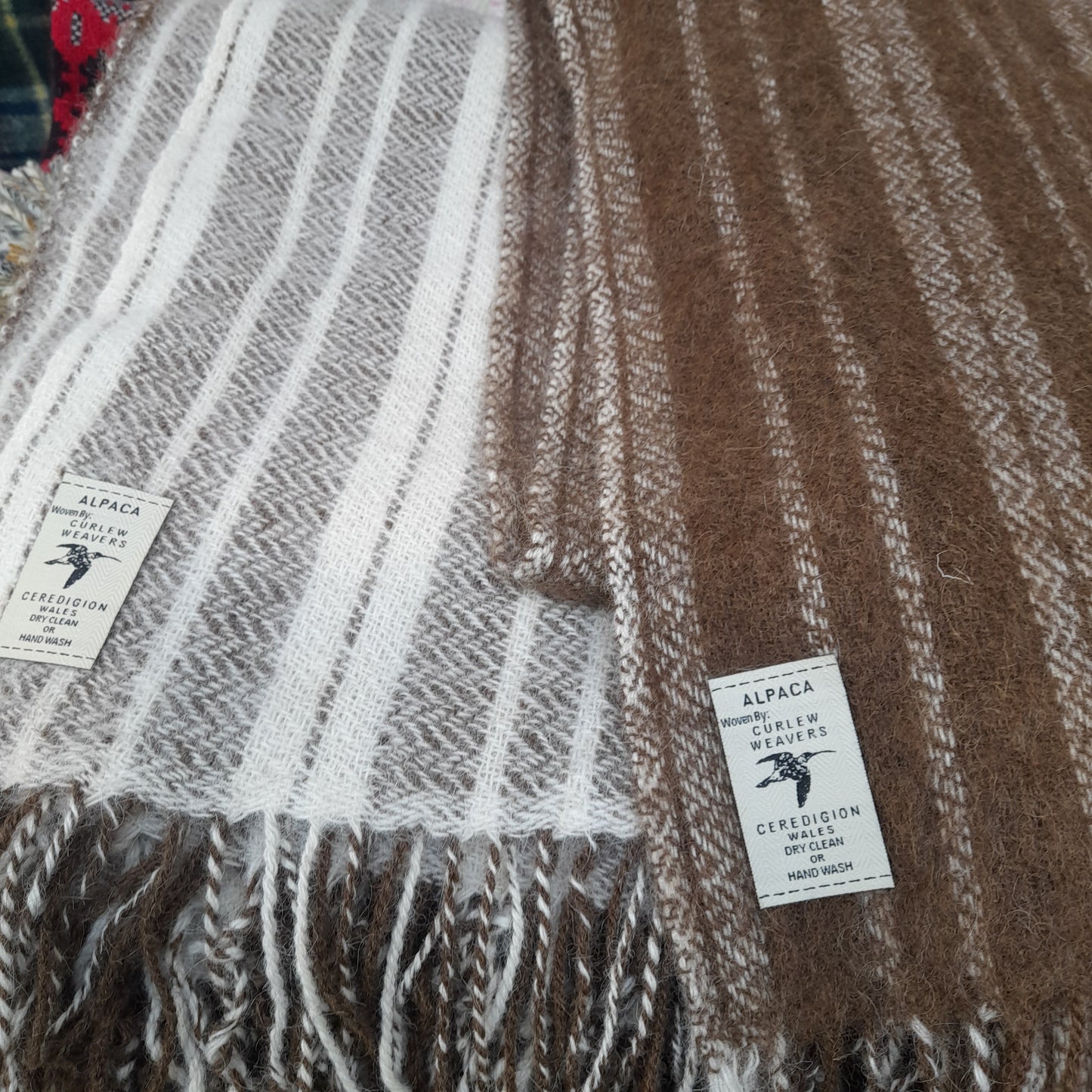 Welsh Narrow Loom Blanket in Natural Brown Alpaca Wool Cream Stripe