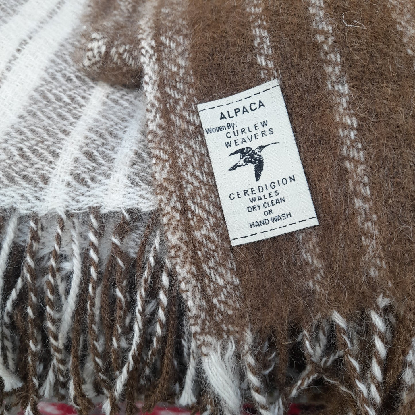 Welsh Narrow Loom Blanket in Natural Brown Alpaca Wool Cream Stripe