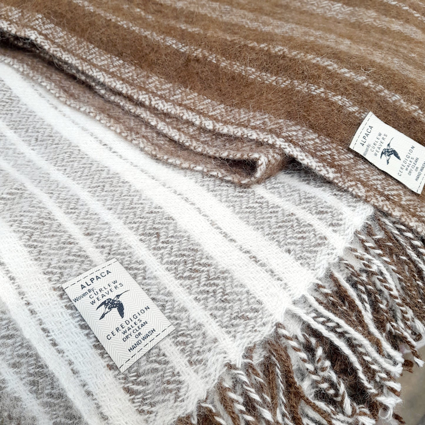 Welsh Narrow Loom Blanket in Natural Brown Alpaca Wool Cream Stripe