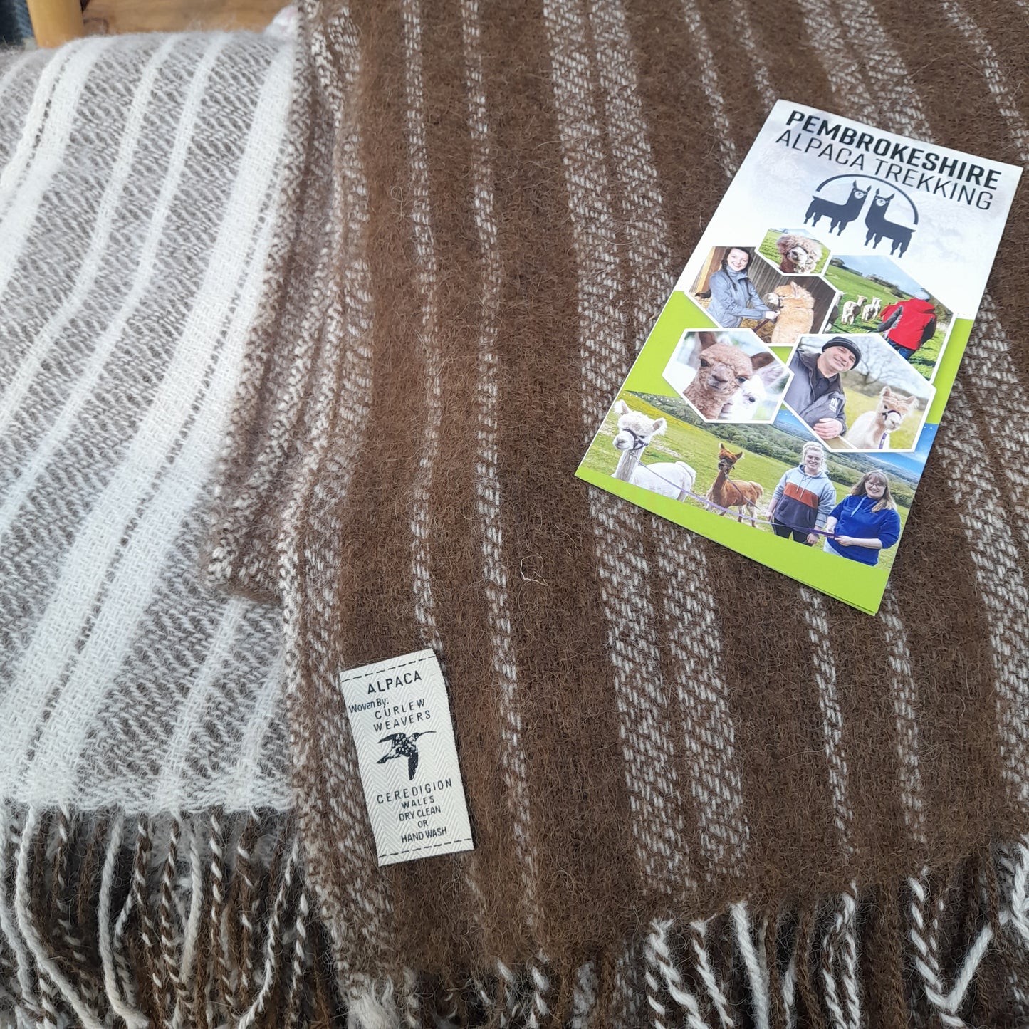 Welsh Narrow Loom Blanket in Natural Brown Alpaca Wool Cream Stripe