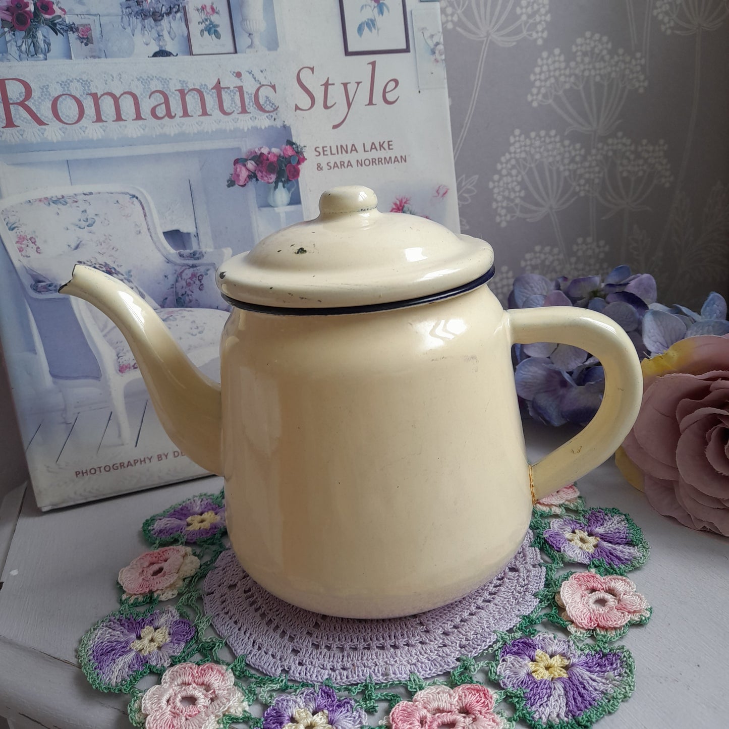 Cream Vintage Enamel Teapot