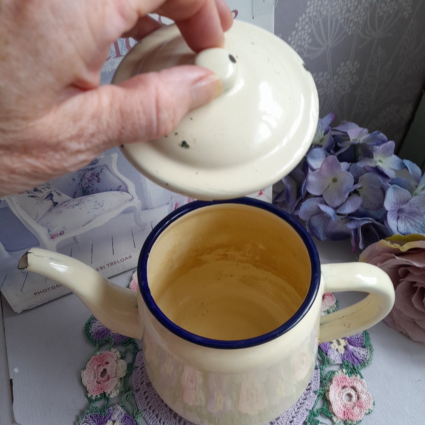 Cream Vintage Enamel Teapot