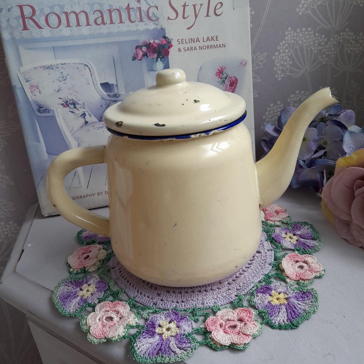 Cream Vintage Enamel Teapot