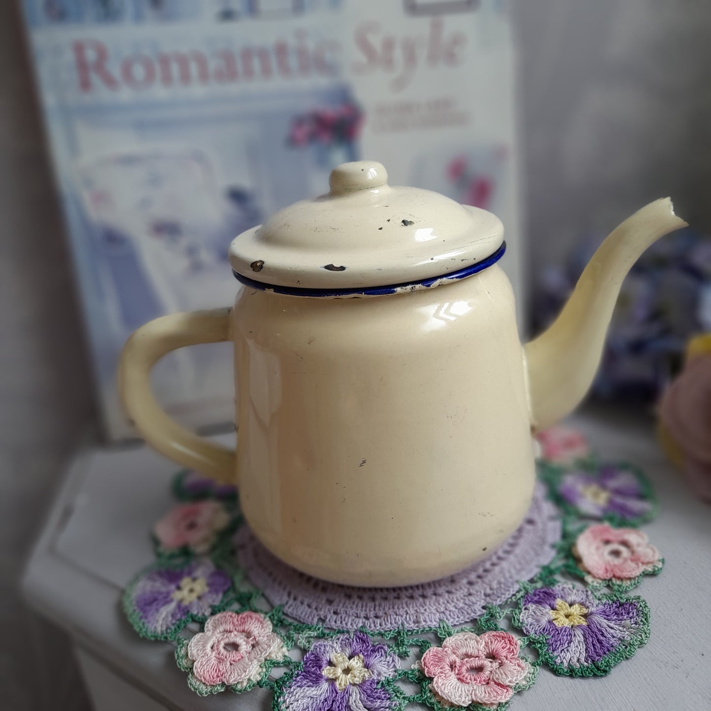 Cream Vintage Enamel Teapot