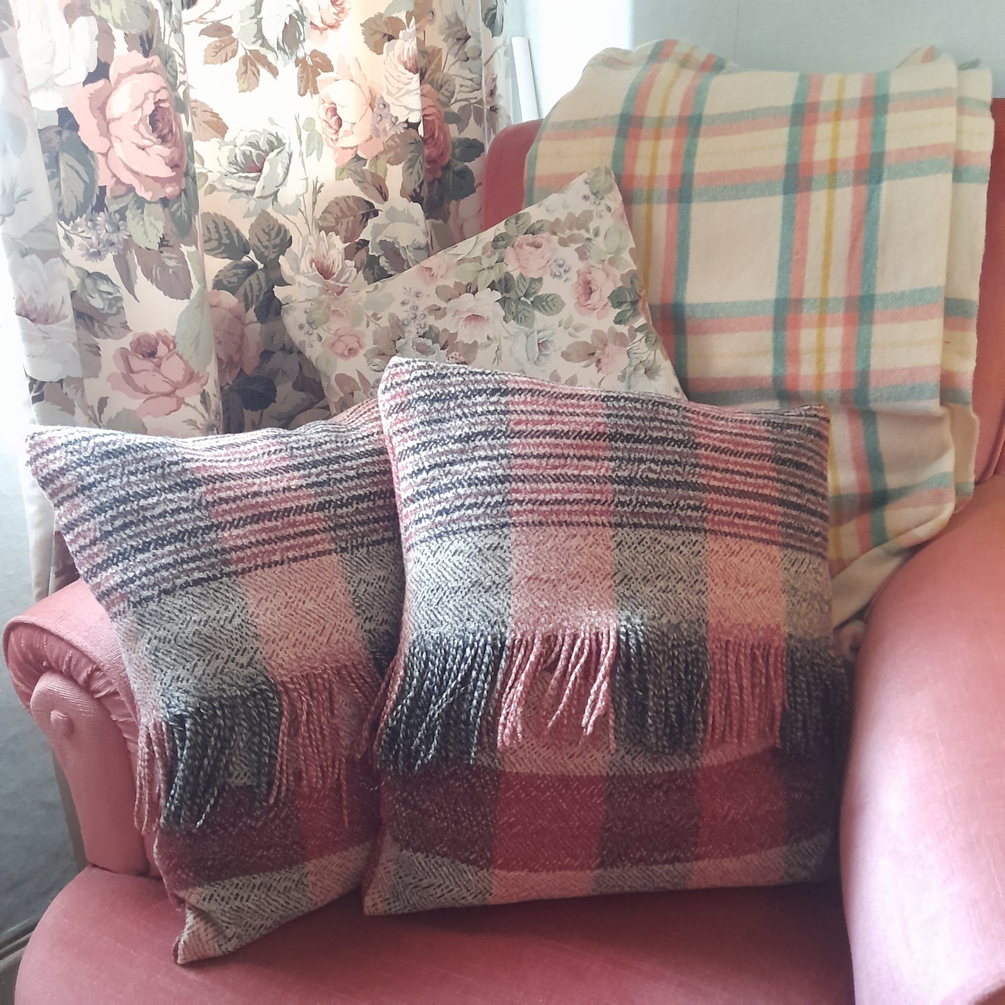 Pair of Welsh Wool Cushions Made From A Vintage Blanket