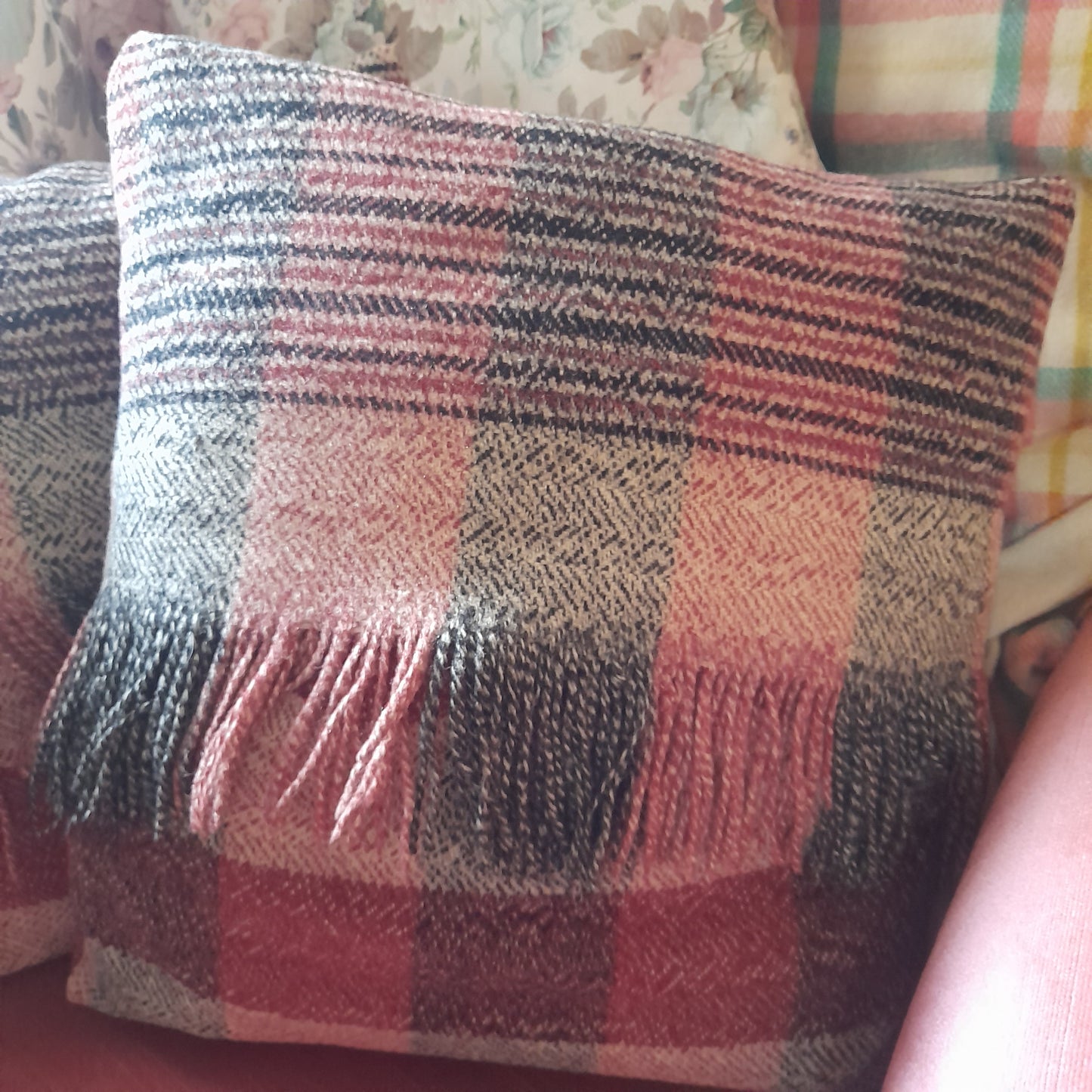 Pair of Welsh Wool Cushions Made From A Vintage Blanket