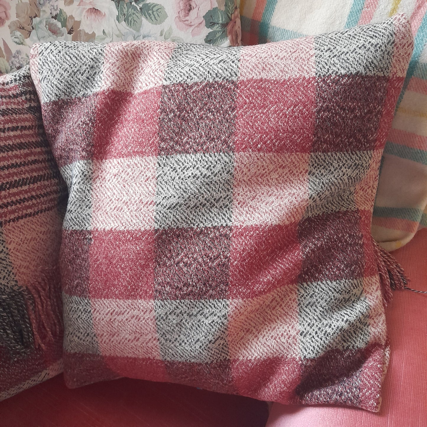 Pair of Welsh Wool Cushions Made From A Vintage Blanket