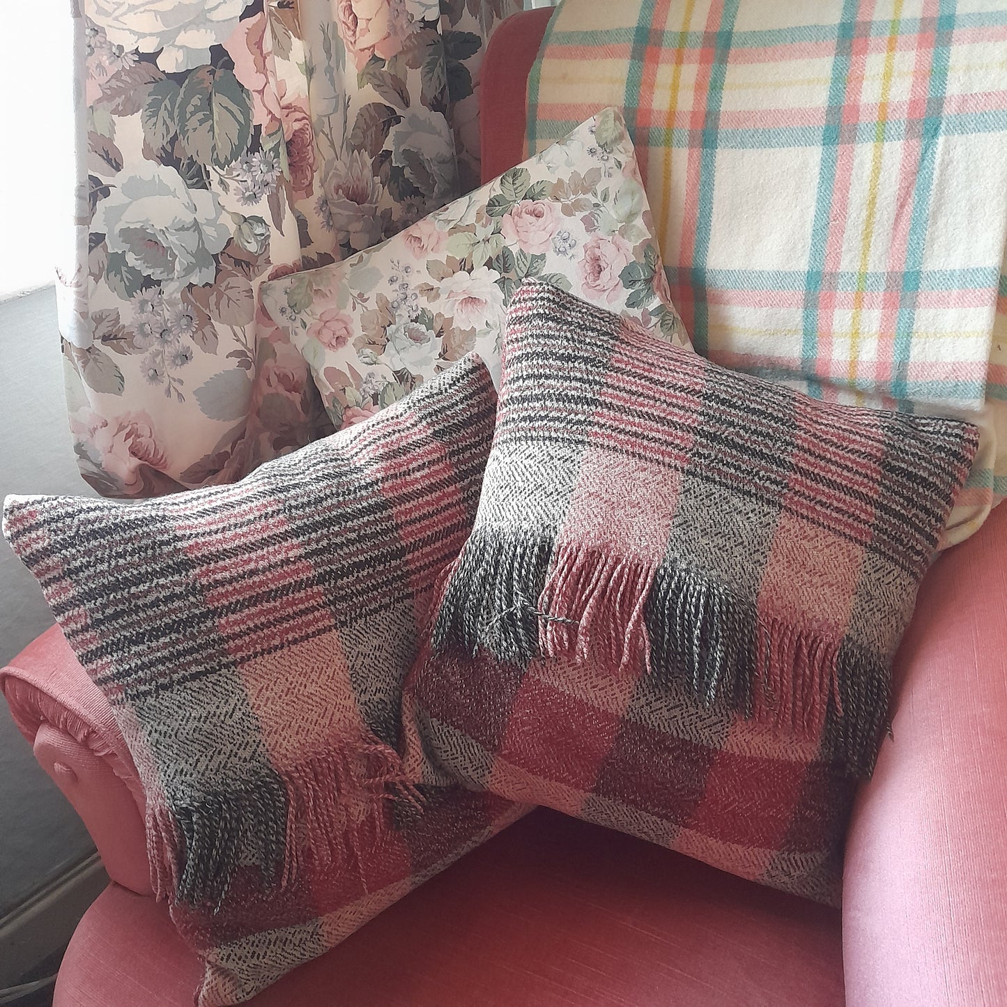 Pair of Welsh Wool Cushions Made From A Vintage Blanket