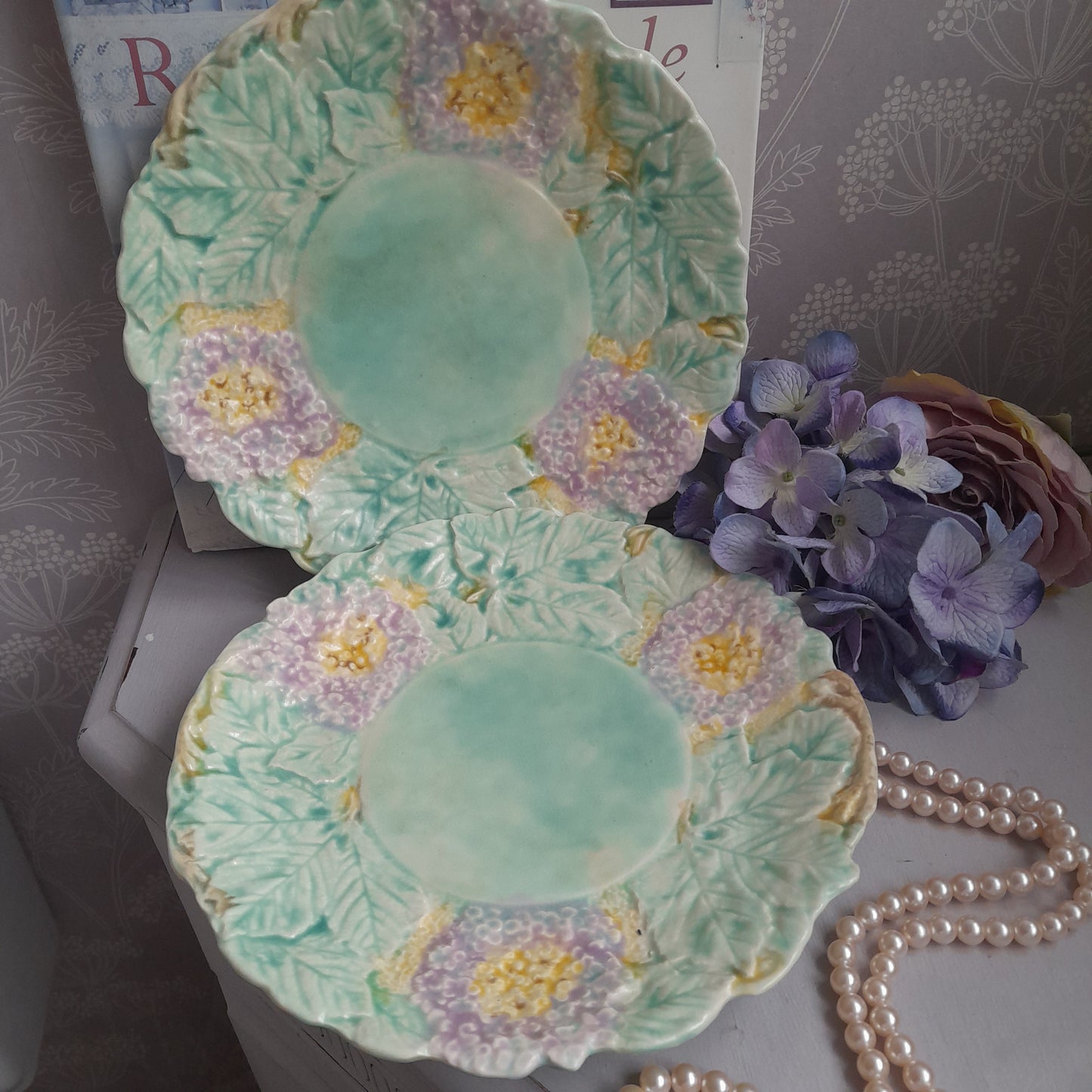 Pretty Pair of Vintage Hydrangea Plates in Faded Lilac & Green Majolica by Avon Ware