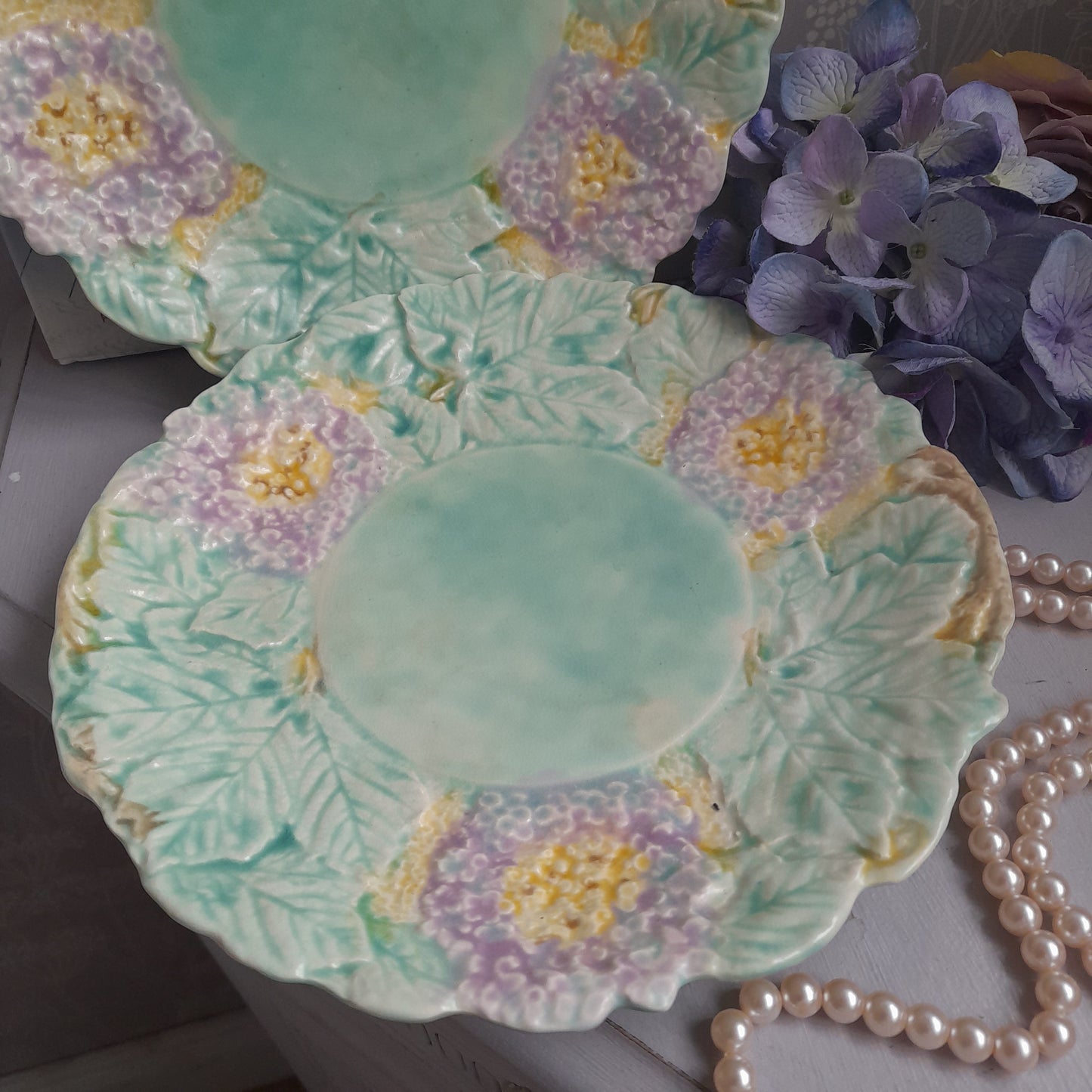 Pretty Pair of Vintage Hydrangea Plates in Faded Lilac & Green Majolica by Avon Ware