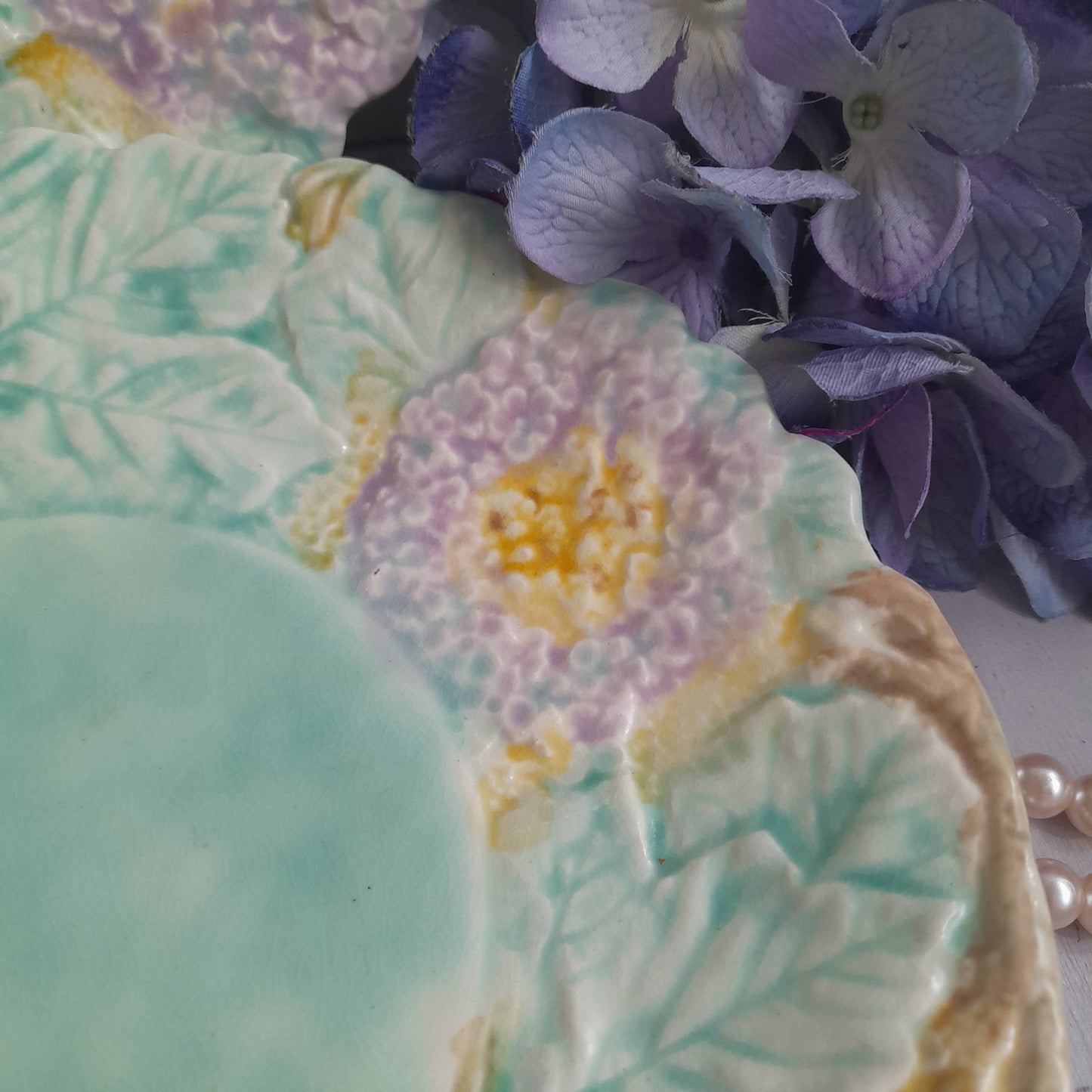 Pretty Pair of Vintage Hydrangea Plates in Faded Lilac & Green Majolica by Avon Ware