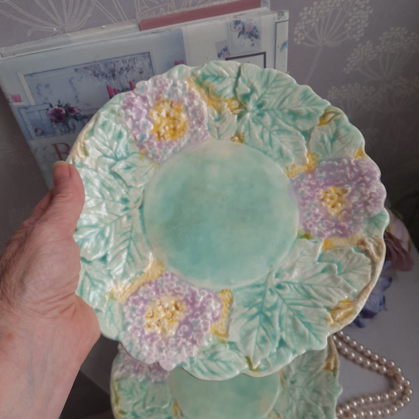 Pretty Pair of Vintage Hydrangea Plates in Faded Lilac & Green Majolica by Avon Ware