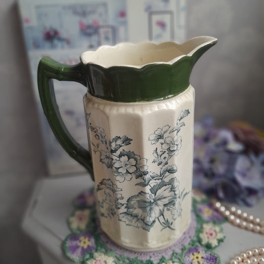 Art Nouveau Large Jug in Cream With Green Flowers & Scallop Edge Top