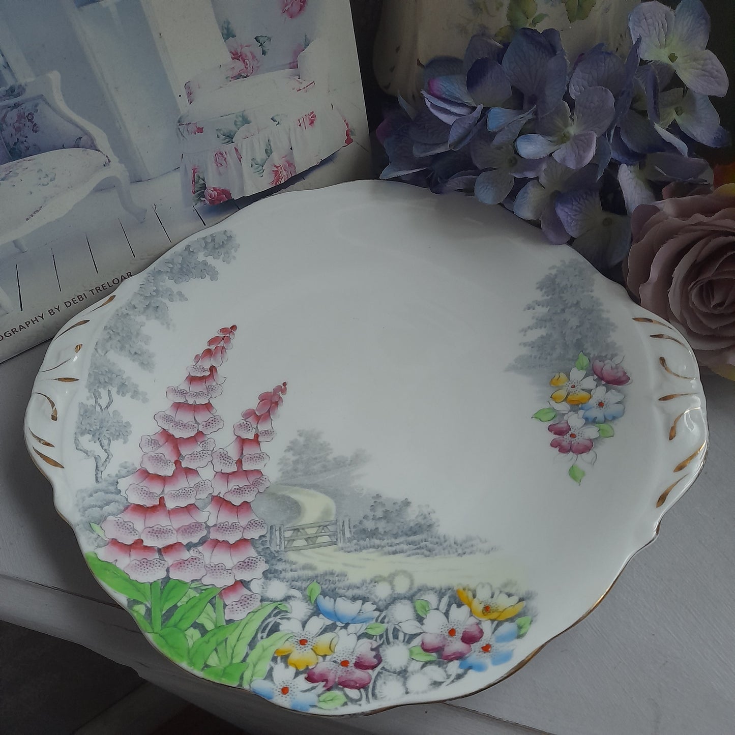 Vintage Queen Anne 'Lover's Lane' Cake Plate With Pretty Foxgloves