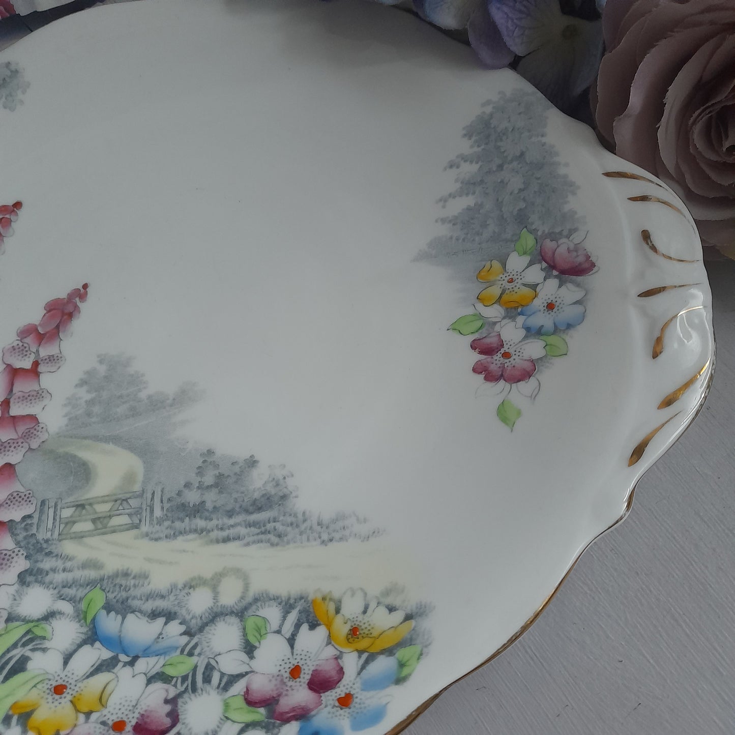 Vintage Queen Anne 'Lover's Lane' Cake Plate With Pretty Foxgloves