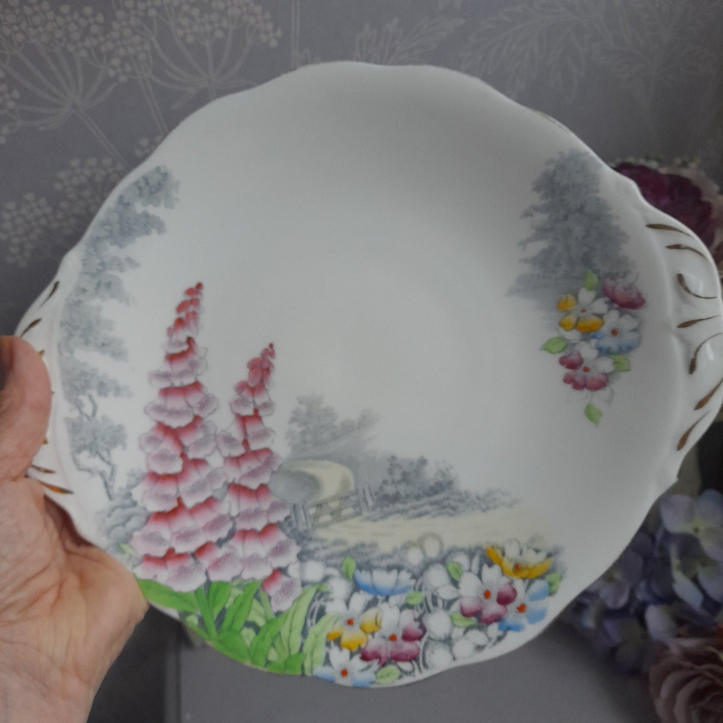 Vintage Queen Anne 'Lover's Lane' Cake Plate With Pretty Foxgloves