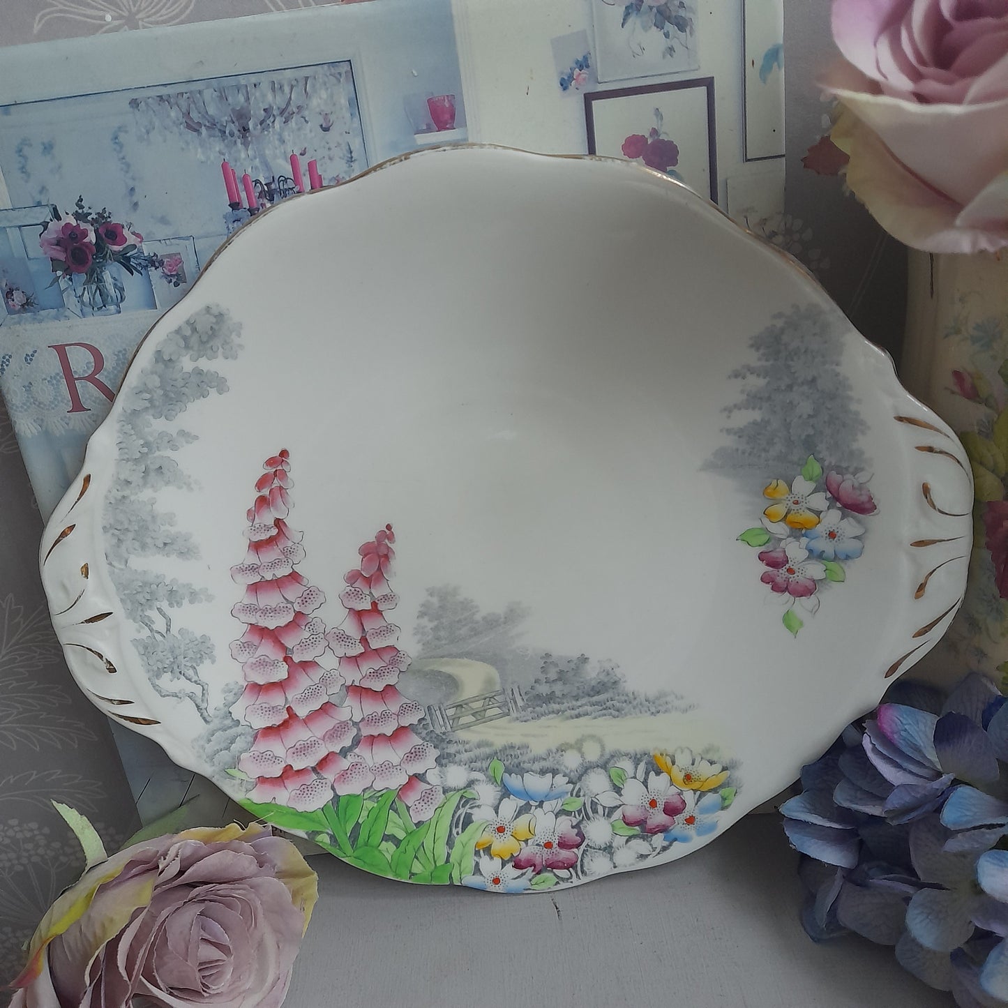 Vintage Queen Anne 'Lover's Lane' Cake Plate With Pretty Foxgloves