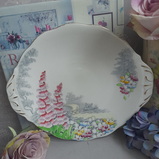 Vintage Queen Anne 'Lover's Lane' Cake Plate With Pretty Foxgloves