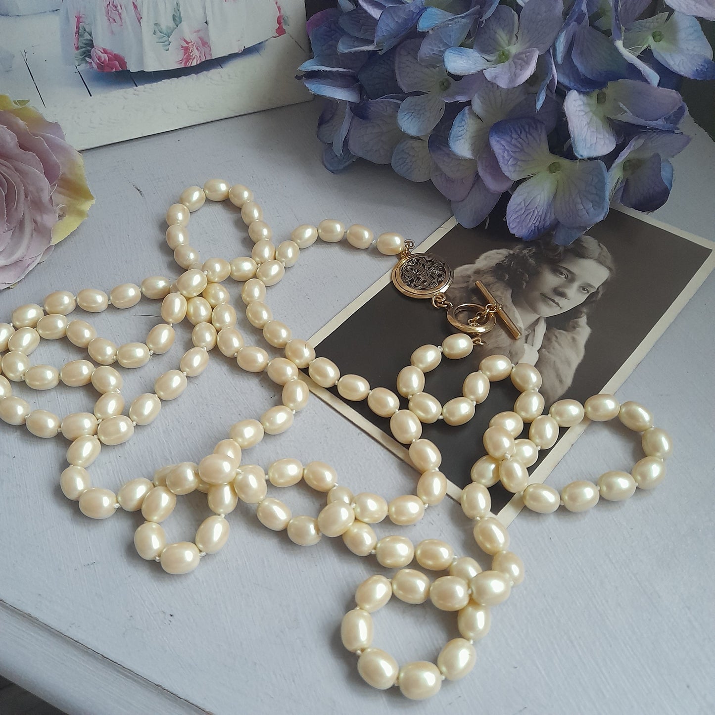 Extra Long Vintage MONET Signed Single Strand Pearls With Adorable Gold Tone Clasp