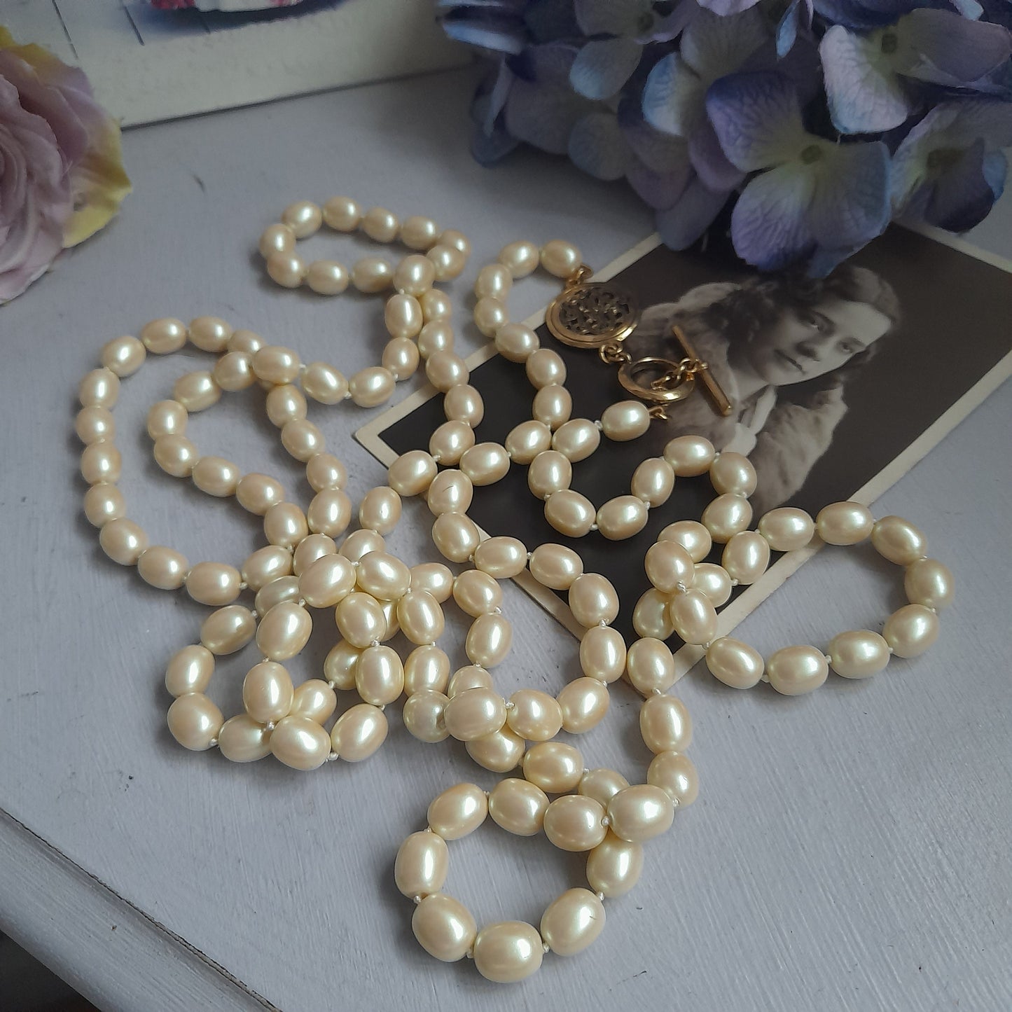 Extra Long Vintage MONET Signed Single Strand Pearls With Adorable Gold Tone Clasp