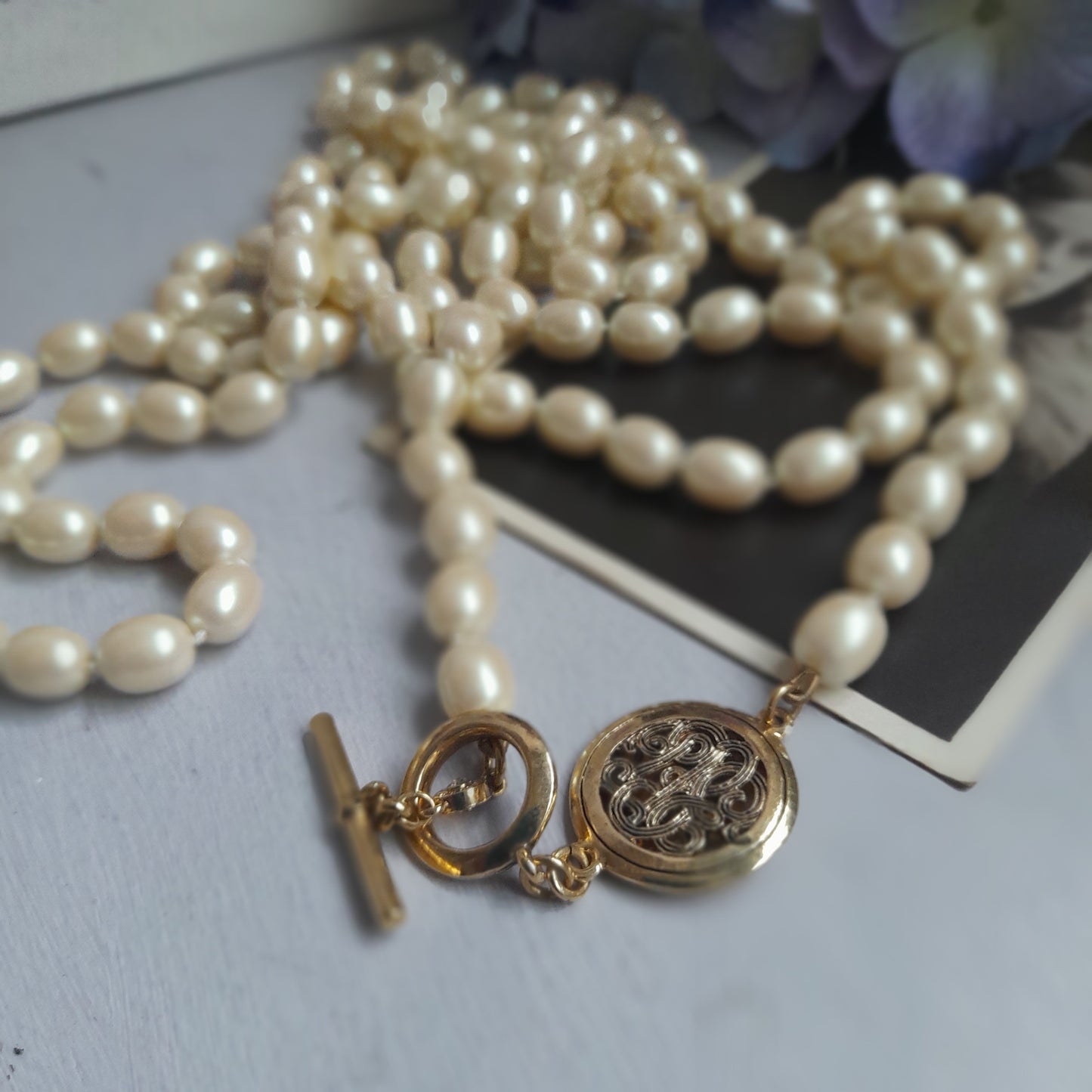 Extra Long Vintage MONET Signed Single Strand Pearls With Adorable Gold Tone Clasp