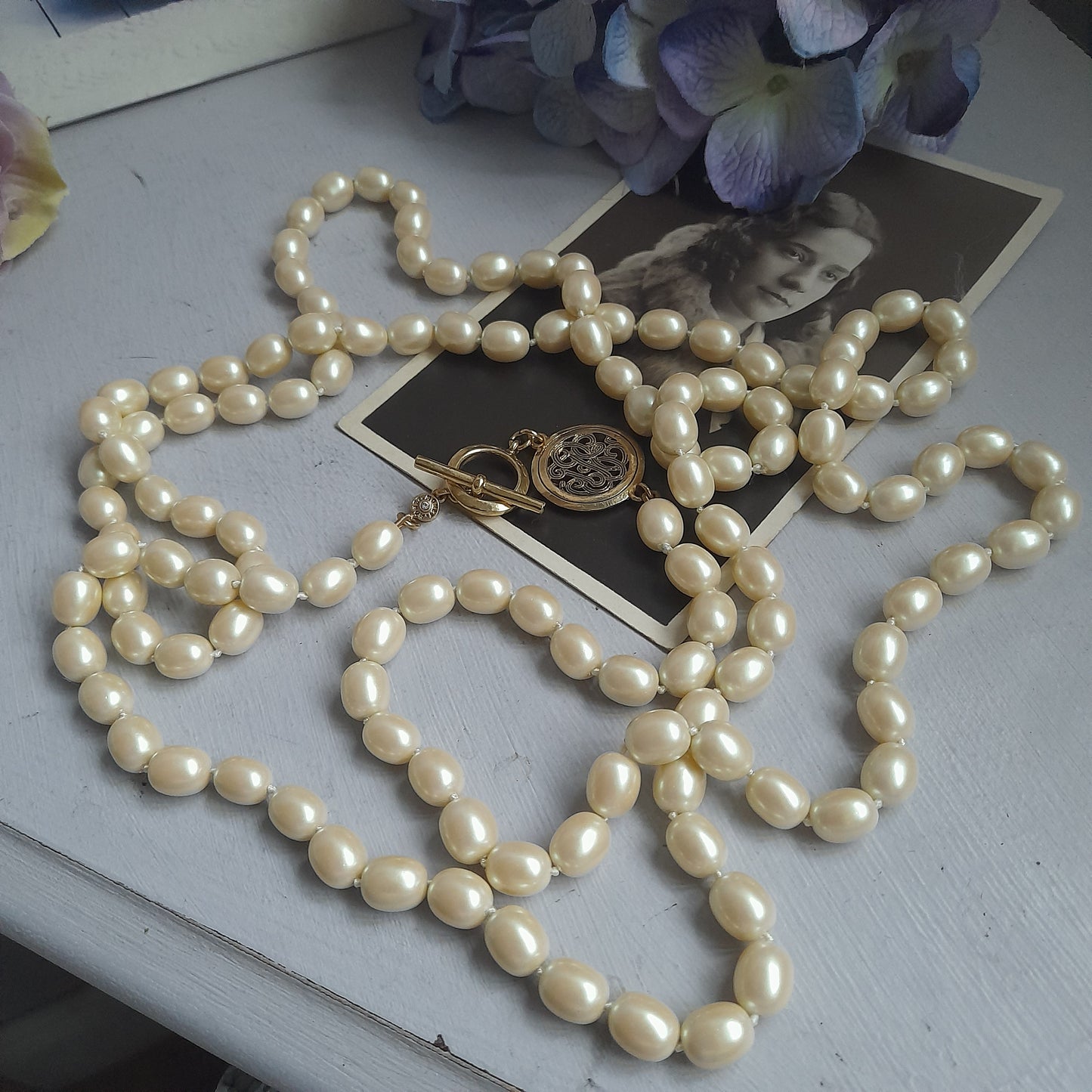 Extra Long Vintage MONET Signed Single Strand Pearls With Adorable Gold Tone Clasp