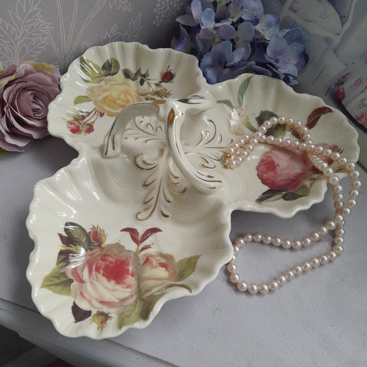 Very Pretty Vintage Serving Dish Cream With Pink Roses 3 Compartments & Lovely Shape Handle