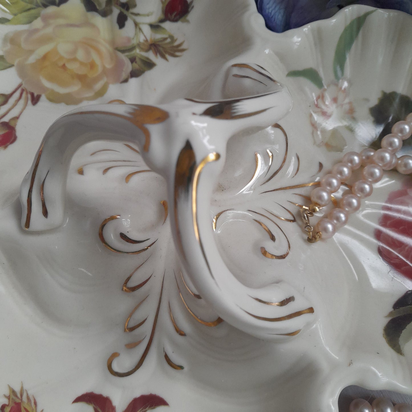 Very Pretty Vintage Serving Dish Cream With Pink Roses 3 Compartments & Lovely Shape Handle