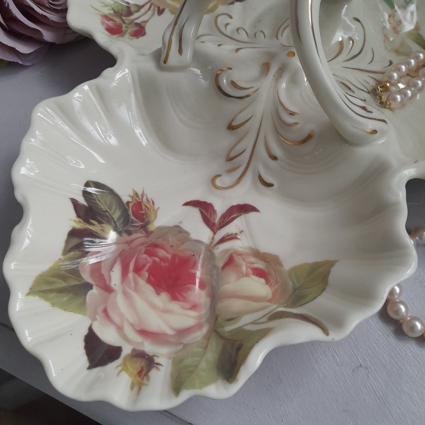 Very Pretty Vintage Serving Dish Cream With Pink Roses 3 Compartments & Lovely Shape Handle