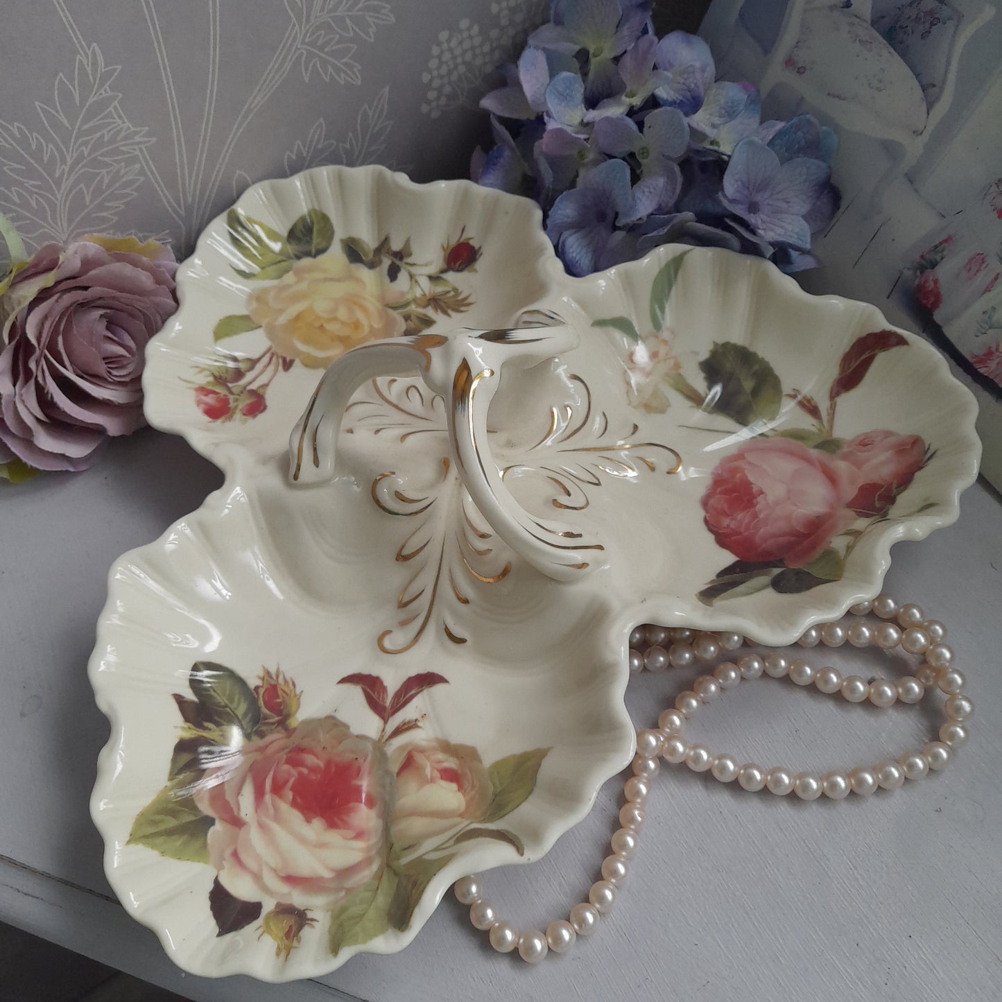 Very Pretty Vintage Serving Dish Cream With Pink Roses 3 Compartments & Lovely Shape Handle