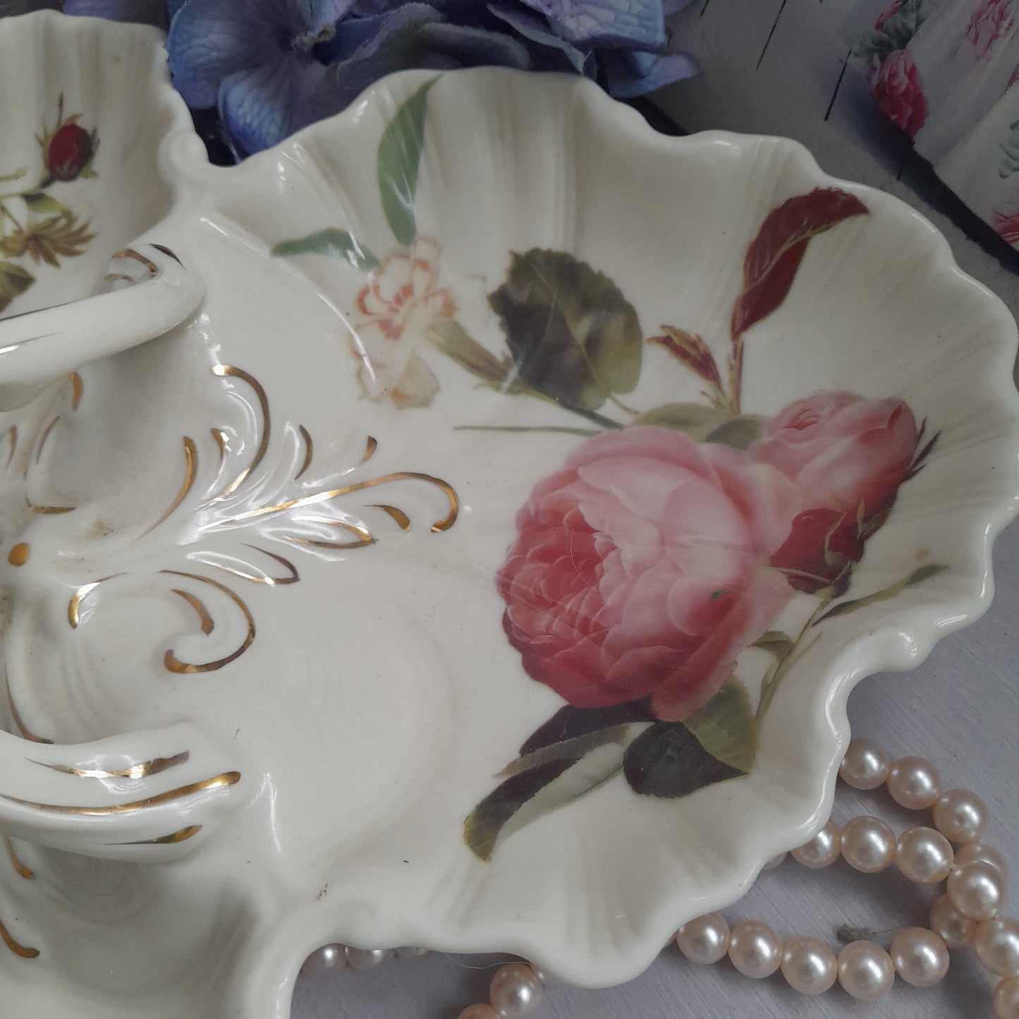 Very Pretty Vintage Serving Dish Cream With Pink Roses 3 Compartments & Lovely Shape Handle