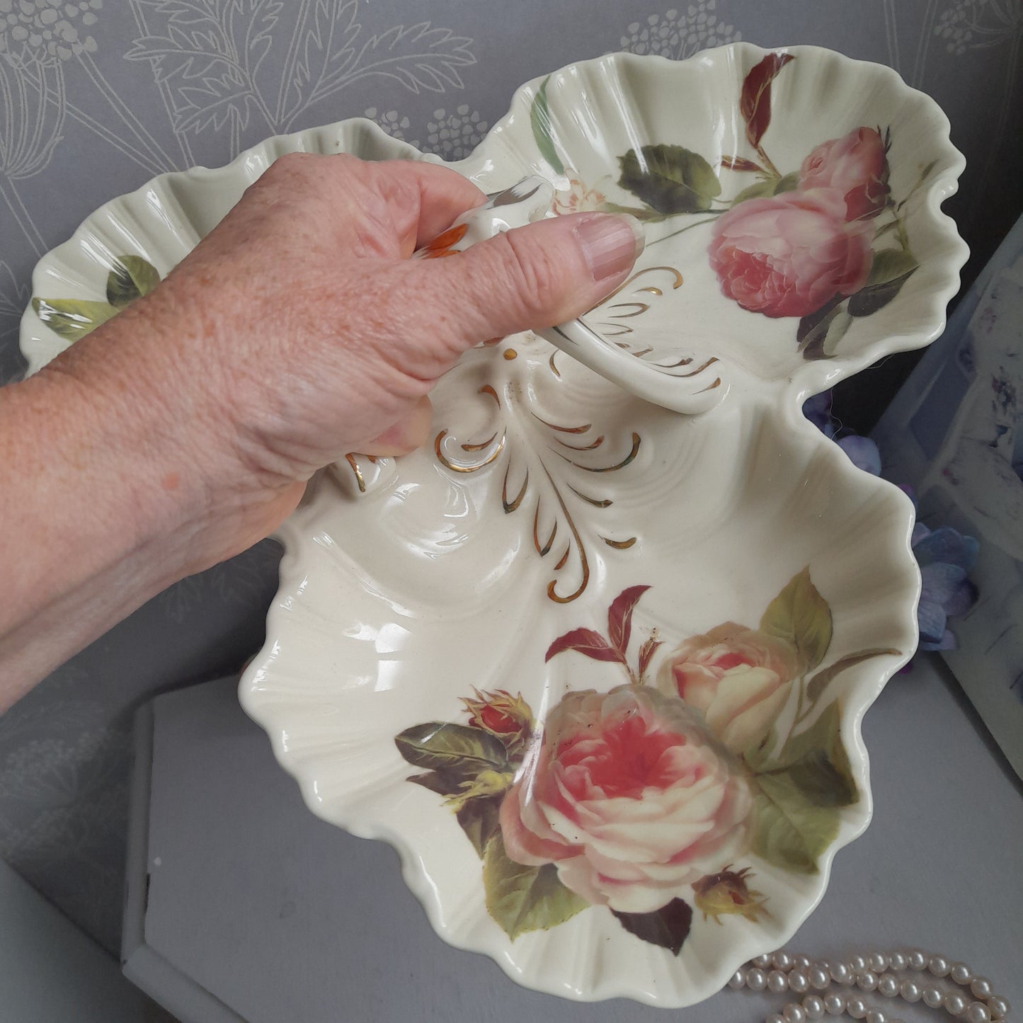 Very Pretty Vintage Serving Dish Cream With Pink Roses 3 Compartments & Lovely Shape Handle