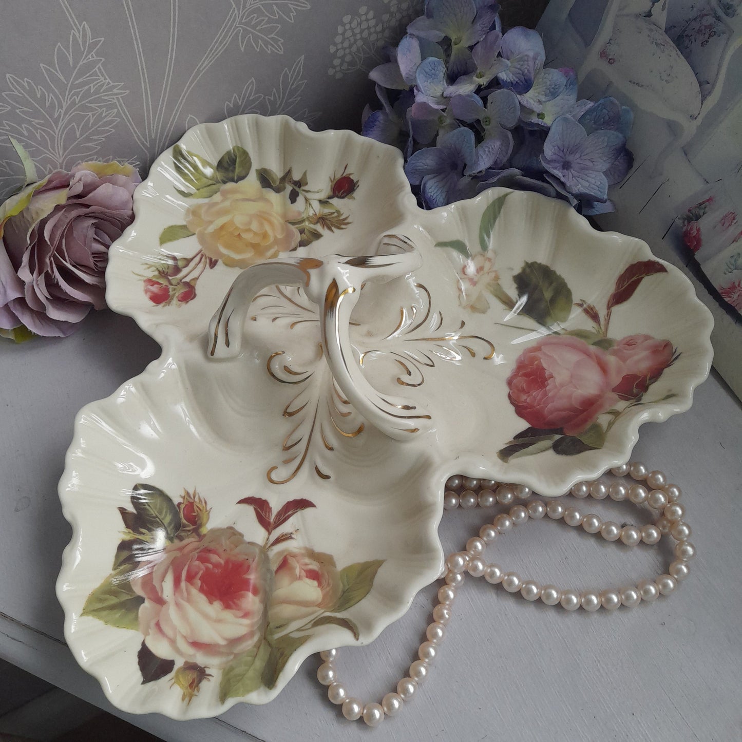 Very Pretty Vintage Serving Dish Cream With Pink Roses 3 Compartments & Lovely Shape Handle