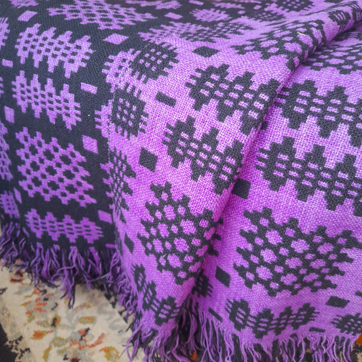 Vintage Welsh Wool Tapestry Blanket in Lilac Purple & Black King Size