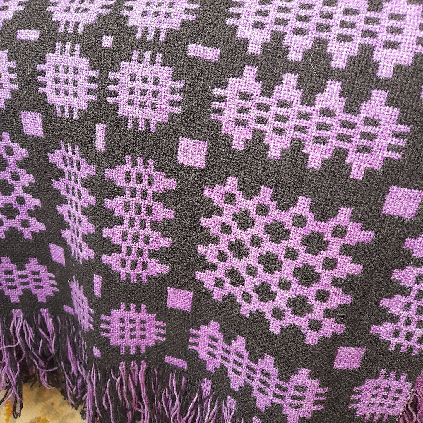 Vintage Welsh Wool Tapestry Blanket in Lilac Purple & Black King Size