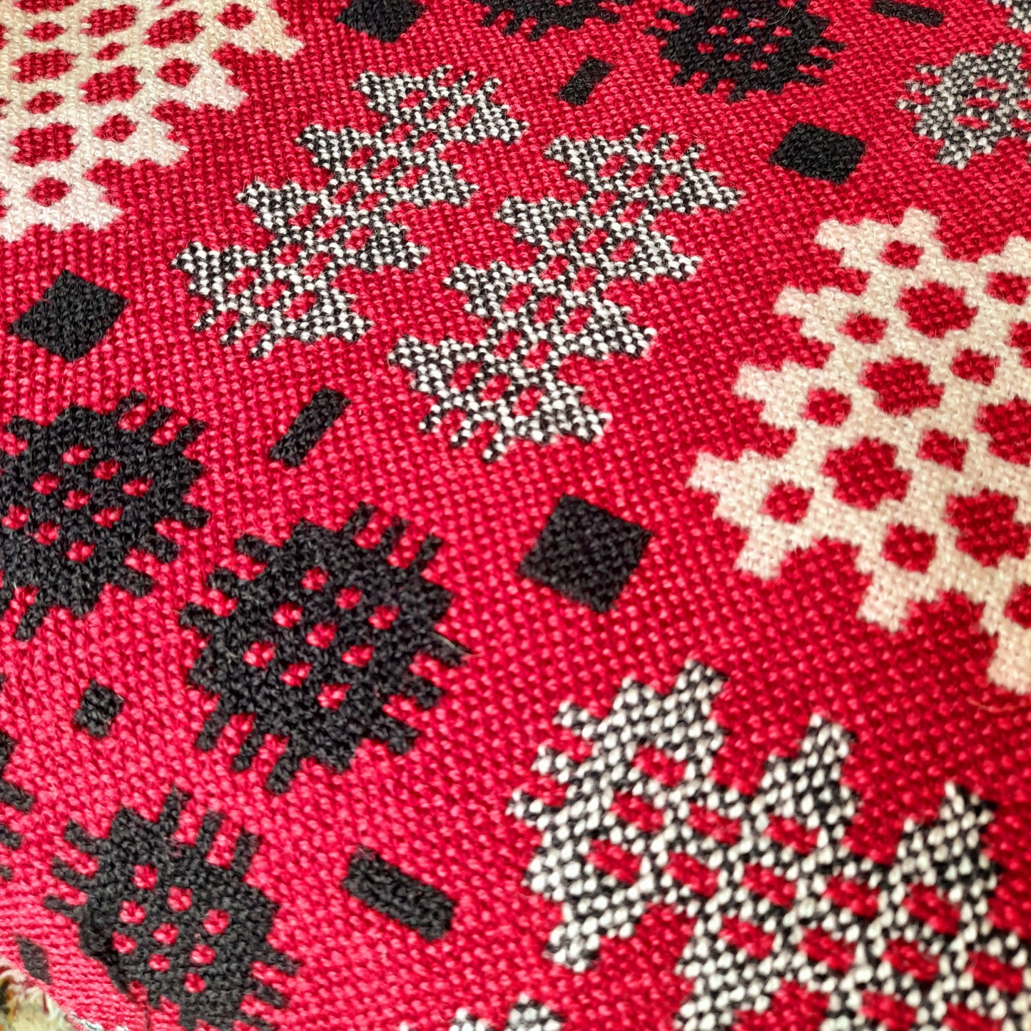 Vintage Welsh Wool Tapestry Blanket in Raspberry Red King Size