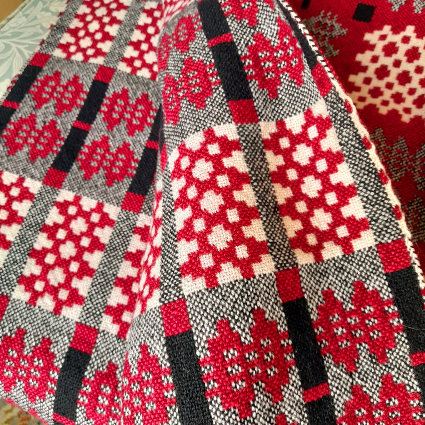 Vintage Welsh Wool Tapestry Blanket in Raspberry Red King Size