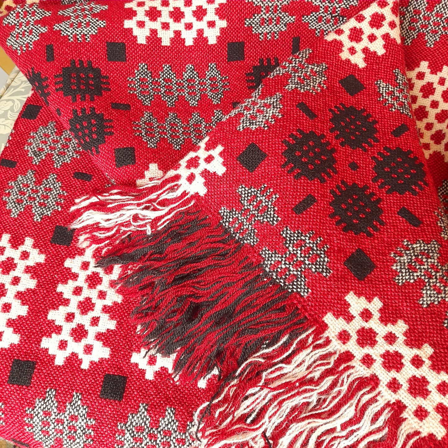 Vintage Welsh Wool Tapestry Blanket in Raspberry Red King Size