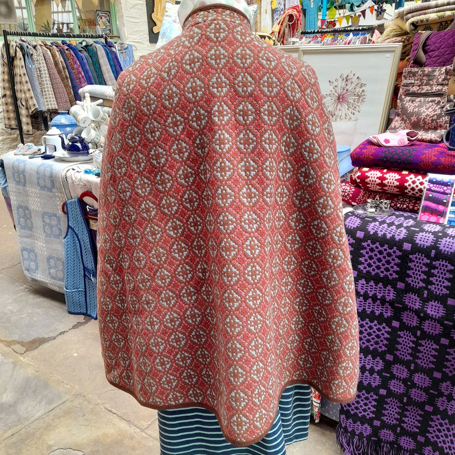 Vintage Welsh Wool Tapestry Cape in Taupe Rose Pink & Aqua Blue