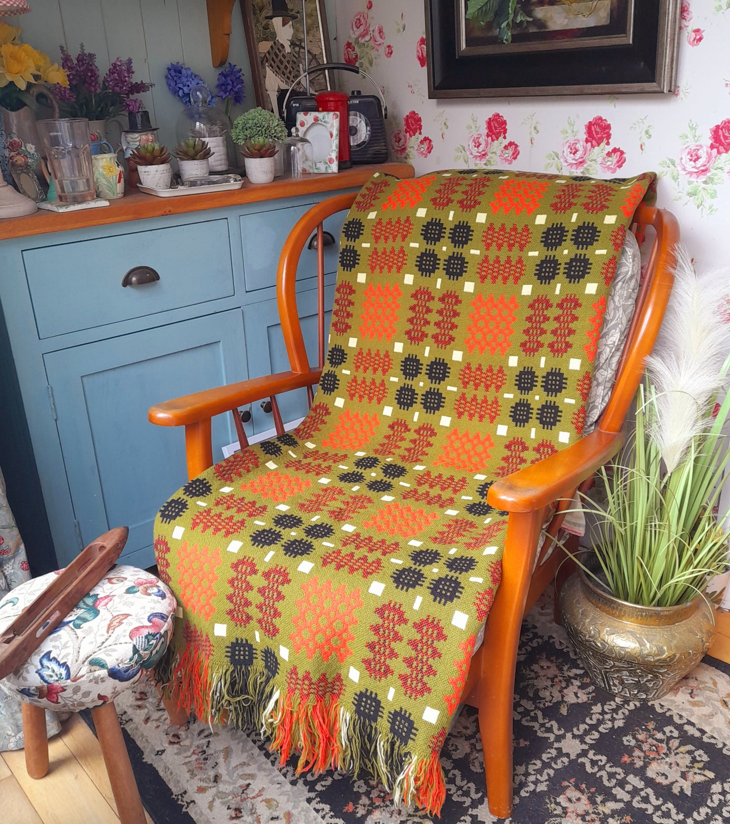 Vintage Welsh Wool Tapestry Blanket in Olive Green & Burnt Orange