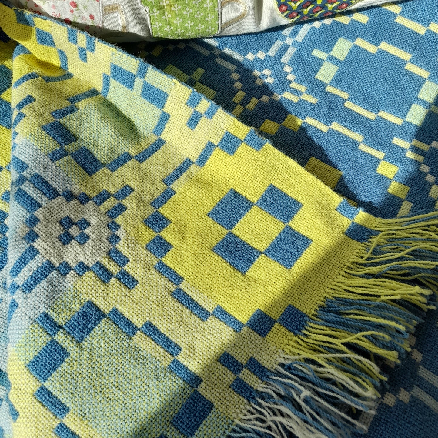 Vintage Welsh Tapestry Blanket in Sky Blue & Daffodil Yellow by Trefriw Woollen Mill