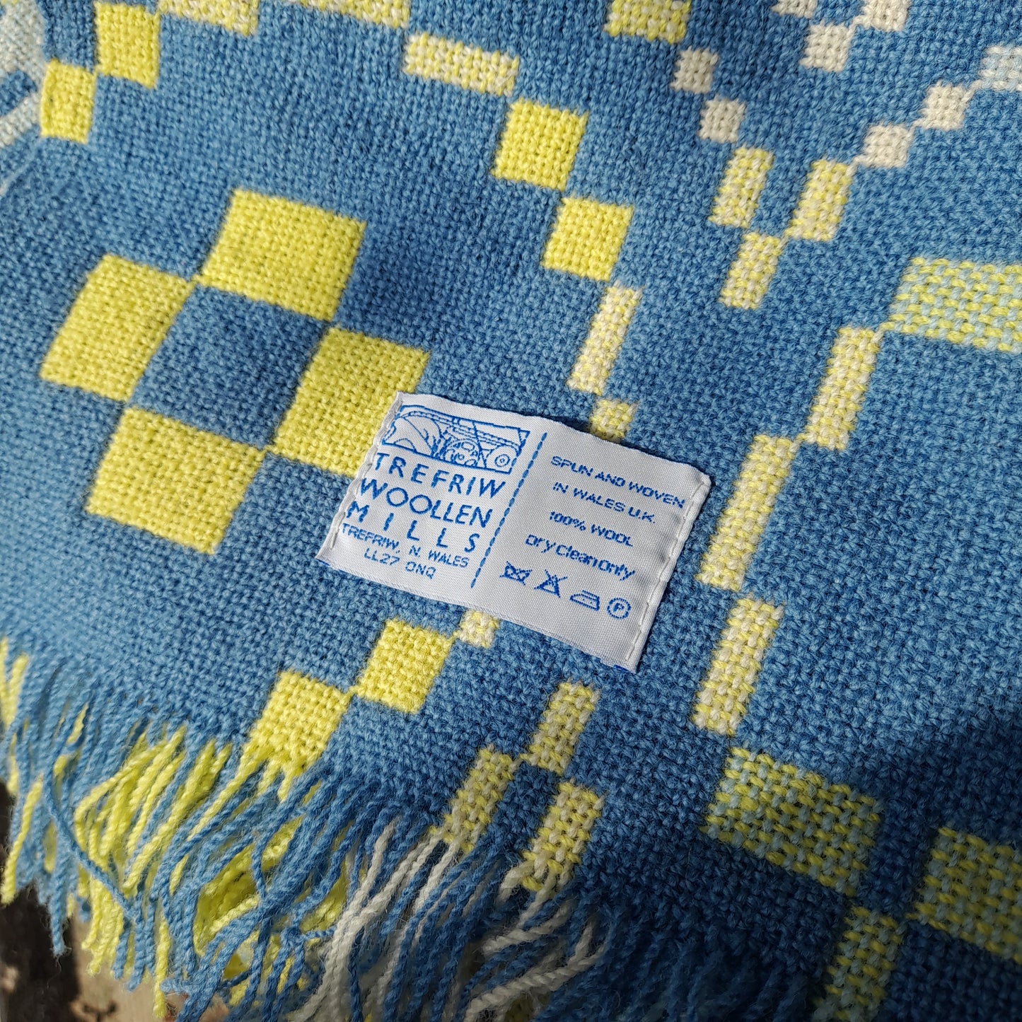 Vintage Welsh Tapestry Blanket in Sky Blue & Daffodil Yellow by Trefriw Woollen Mill